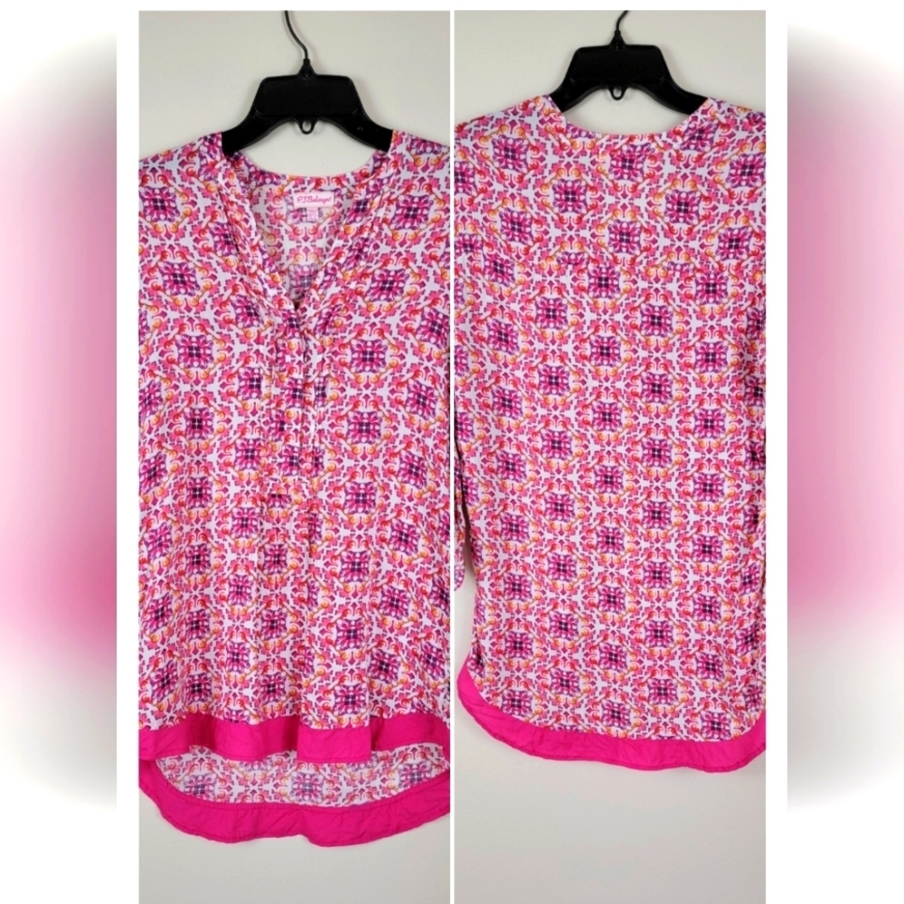 PJ Salvage Hot Pink Floral Rayon Top Tunic Festival Boho Beach Lounge Medium